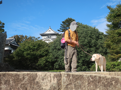 本丸を背景にする犬と人